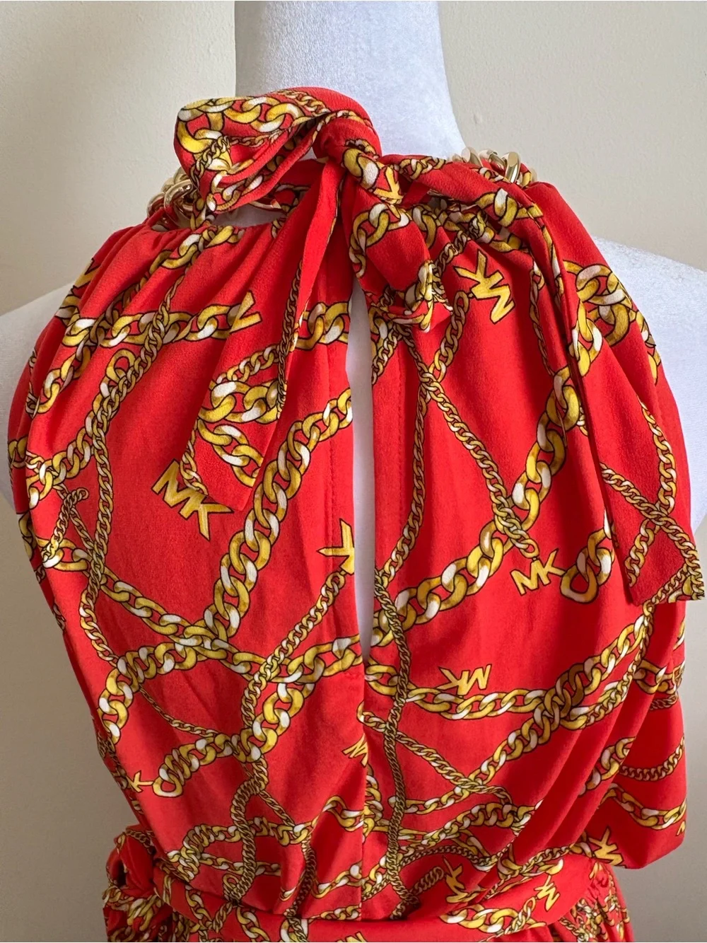 New 1X Michael Kors Orange Gold Chain Logo Midi Dress